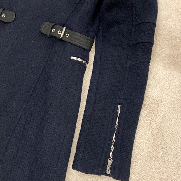 GUESS Navy & Black Wool Trench Coat with faux Leather & Zipper Detail - Picture 8 of 10